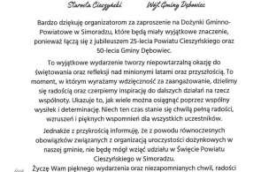 List gratulacyjny Janusza Pierzyny, Wójta Jasienicy