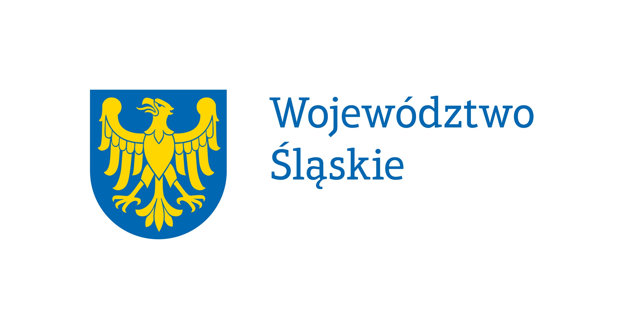Po lewej stronie znajduje się niebieski herb z ż&oacute;łtym orłem, a po prawej napis &bdquo;Wojew&oacute;dztwo Śląskie&rdquo; w kolorze niebieskim.