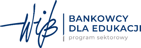 Logo programu „Bankowcy dla Edukacji” w kolorze granatowym. Po lewej stronie dynamiczny, odręczny skrót WIB, a po prawej tekst „Bankowcy dla edukacji – program sektorowy”. Całość utrzymana w eleganckim, profesjonalnym stylu.