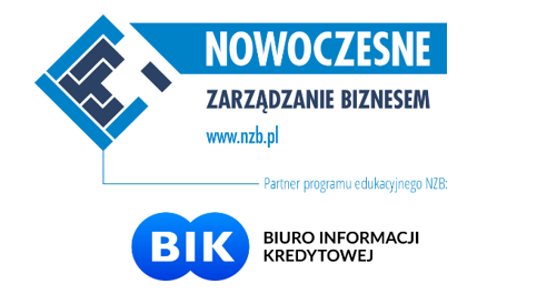 Logo programu edukacyjnego „Nowoczesne Zarządzanie Biznesem” z adresem strony www.nzb.pl. Pod logotypem widnieje informacja, że partnerem programu jest Biuro Informacji Kredytowej (BIK), którego niebieskie logo znajduje się poniżej.