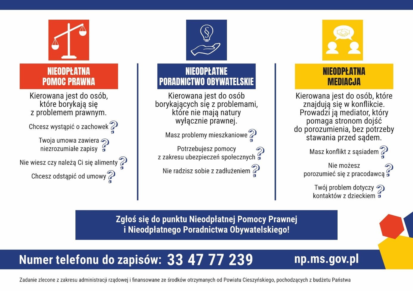 Pomoc prawna, poradnictwo obywatelskie i mediacja dostępne są bezpłatnie dla osób z problemami prawnymi, społecznymi i w sytuacjach konfliktowych. Szczegóły i zapisy pod numerem 33 47 77 239 lub na stronie np.ms.gov.pl.