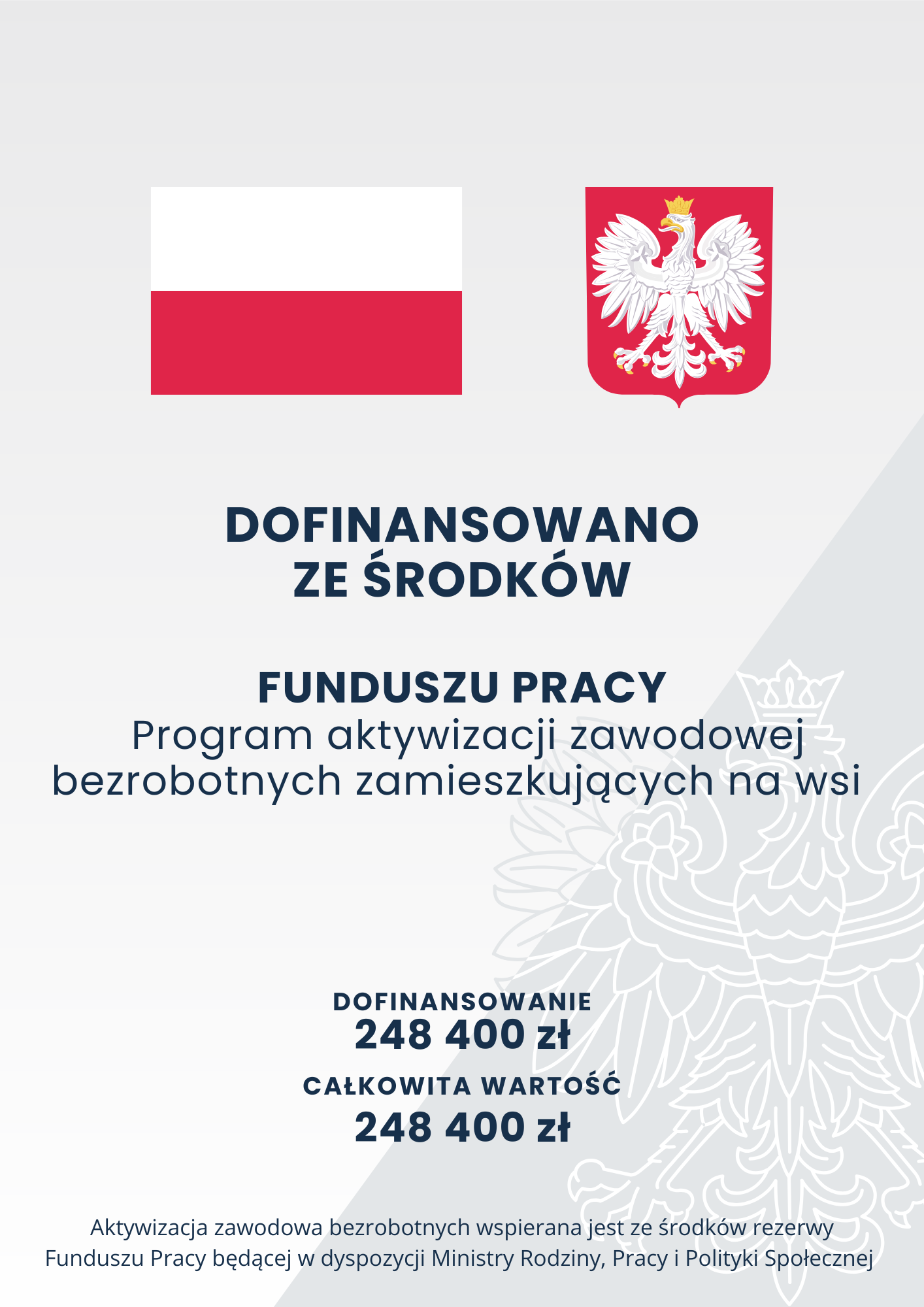 Dofinansowanie w wysokości 248 400 zł na program aktywizacji zawodowej bezrobotnych zamieszkujących na wsi ze środków Funduszu Pracy. Całkowita wartość projektu wynosi 248 400 zł. Widoczna flaga Polski i godło państwowe.
