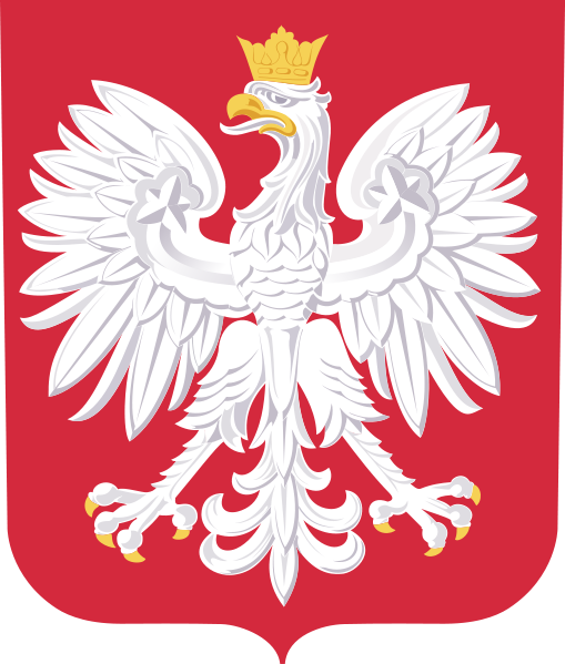 Biały orzeł z rozpostartymi skrzydłami, złotą koroną na głowie, złotym dziobem i szponami, umieszczony na czerwonym tle w kształcie tarczy. Symbol godła Polski, reprezentujący państwowość i suwerenność kraju.