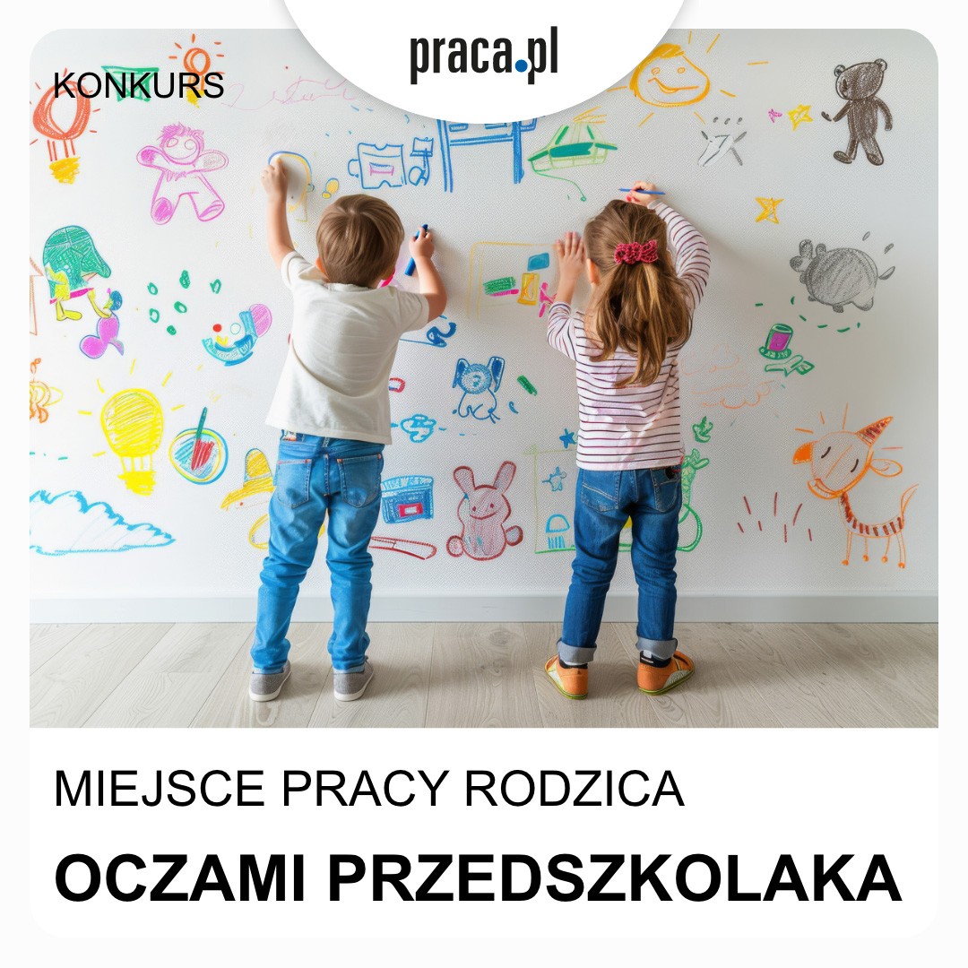 Dwoje małych dzieci, chłopiec i dziewczynka, stoi tyłem do aparatu, rysując na dużej białej ścianie pełnej kolorowych obrazków. Ilustracje przedstawiają różne przedmioty, zwierzęta, zabawki i elementy codziennego życia widziane oczami dziecka. Nad nimi znajduje się logo „praca.pl” oraz napis informujący o konkursie „Miejsce pracy rodzica oczami przedszkolaka”. Wokół panuje ciepła, kreatywna atmosfera.