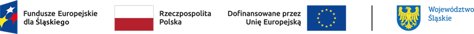 Loga od lewej: Fundusze Europejskie dla Śląskiego (3 gwiazdy biała, czerwona i ż&oacute;łta na granatowym tle), Rzeczpospolita Polska (biało-czerwona), dofinansowanie przez Unię Europejską (ż&oacute;łte gwiazdy w okręgu na granatowym tle) oraz logo Wojew&oacute;dztwa Śląskiego (ż&oacute;łty orzeł na granatowym tle)