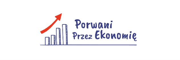 ChatGPT powiedział:  Granatowy napis „Porwani przez Ekonomię” uzupełniony rysunkiem czterech słupków wykresu oraz czerwonej strzałki skierowanej ku górze, symbolizującej wzrost. Całość ma lekki, edukacyjny charakter, nawiązujący do tematyki ekonomicznej.