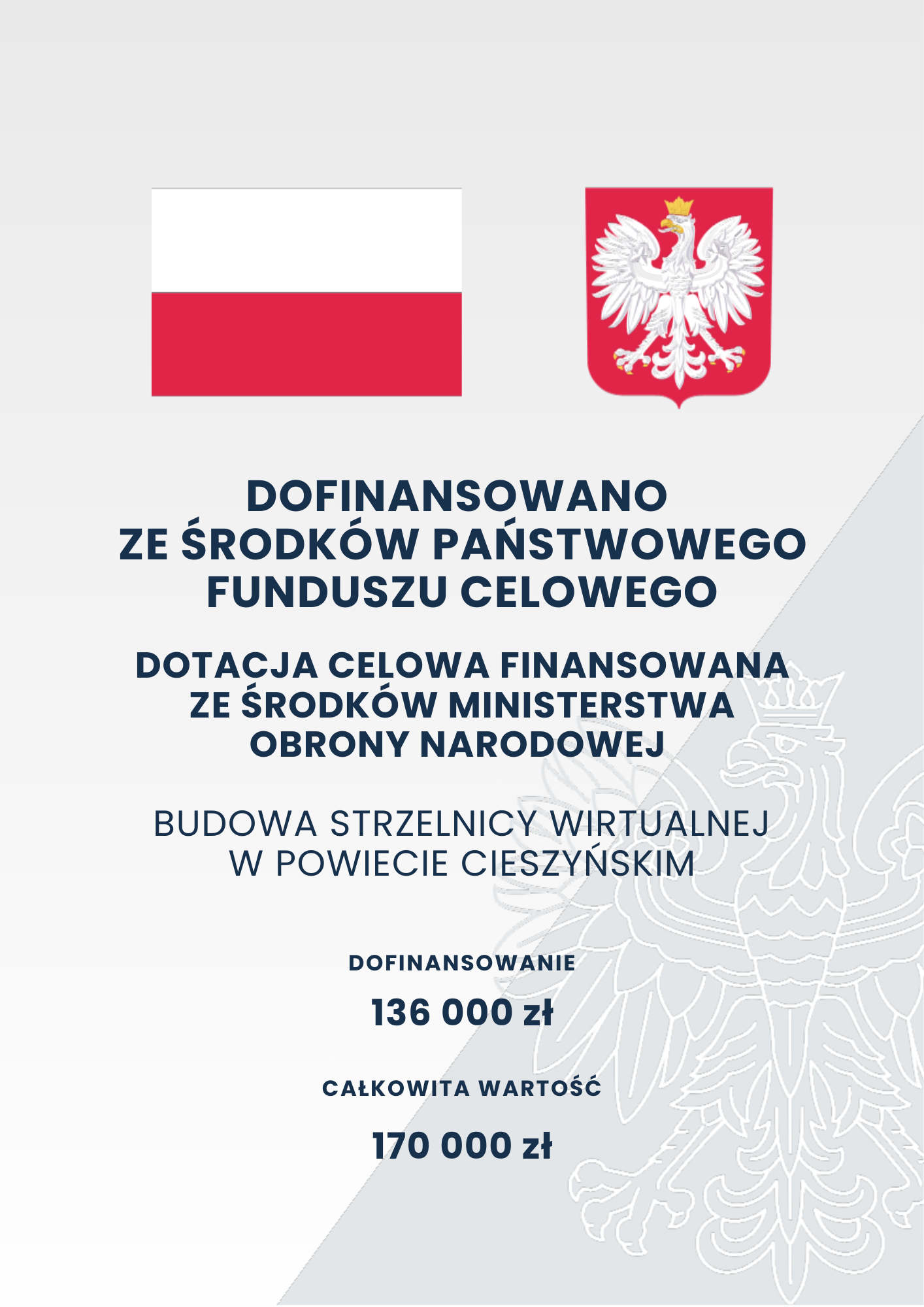 Plakat informujący o dofinansowaniu ze środków państwowego funduszu celowego - budowa strzelnicy wirtualnej w powiecie cieszyńskim 