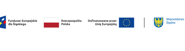 Loga od lewej: Fundusze Europejskie dla Śląskiego (3 gwiazdy biała, czerwona i ż&oacute;łta na granatowym tle), Rzeczpospolita Polska (biało-czerwona), dofinansowanie przez Unię Europejską (ż&oacute;łte gwiazdy w okręgu na granatowym tle) oraz logo Wojew&oacute;dztwa Śląskiego (ż&oacute;łty orzeł na granatowym tle)