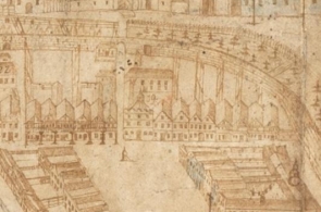 Rysunek perspektywiczny, na którym przedstawione jest miasto przed wielkim pożarem w 1789 roku. Zbiornik przedstawiony jest w formie studni