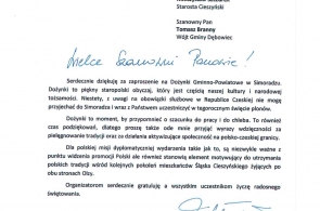 List gratulacyjny Konsul Generalnej RP w Ostrawie Izabelli Wołłejko-Chwastowicz
