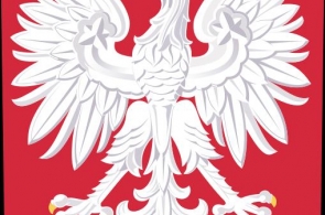 Biały orzeł z rozpostartymi skrzydłami, złotą koroną na głowie, złotym dziobem i szponami, umieszczony na czerwonym tle w kształcie tarczy. Symbol godła Polski, reprezentujący państwowość i suwerenność kraju.