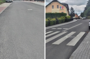 Nowa, równa nawierzchnia asfaltowa ulicy w Cieszynie z wyznaczonym przejściem dla pieszych i chodnikami z kostki brukowej. Przy drodze zaparkowane samochody, widoczne ogrodzenia i budynek przedszkola z kolorowym szyldem.