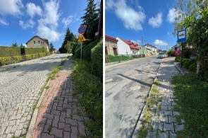 Ulica z zabudową jednorodzinną i zielenią przydomową. Widoczny chodnik z betonowej kostki i asfaltowa lub brukowana nawierzchnia jezdni. Znak zakazu zatrzymywania, przystanek autobusowy, spokojna okolica.