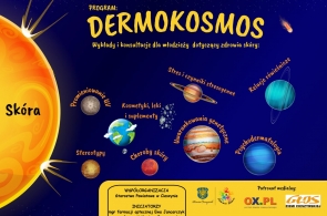Na granatowym tle z motywem kosmosu widoczny jest tytuł „Dermokosmos” oraz hasła dotyczące zdrowia skóry, m.in. promieniowanie UV, stres, choroby skóry i psychodermatologia. U dołu umieszczono informacje o organizatorach i patronach medialnych.