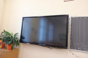 Monitor interaktywny zamontowany na ścianie w sali lekcyjnej, obok roślina doniczkowa i tablica.