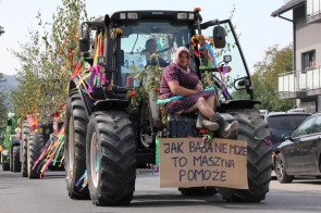 Zabawny element dożynkowego korowodu w Brennej. W centrum uwagi znajduje się traktor ozdobiony kolorowymi wstążkami i gałęziami. Na masce traktora siedzi mężczyzna przebrany za kobietę, w kwiecistej sukience i chustce na głowie, co dodaje humorystycznego akcentu. Obok niego na przodzie pojazdu przymocowany jest duży karton z napisem „JAK BABA NIE MOŻE TO MASZYNA POMOŻE”, co stanowi żartobliwe nawiązanie do rolniczej pracy i roli maszyn w ułatwianiu codziennych obowiązków na wsi. W tle widać kolejne pojazdy uczestniczące w korowodzie ozdobione roślinami i kolorowymi dekoracjami. Po prawej stronie zdjęcia widoczne są zaparkowane samochody oraz budynki mieszkalne, które podkreślają, że korowód przechodzi przez jedną z głównych ulic Brennej. Zdjęcie oddaje radosną i wesołą atmosferę dożynek, pokazując, że uczestnicy mają duże poczucie humoru i cieszą się z tego tradycyjnego święta.