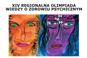 Czarny napis „XIV Regionalna Olimpiada Wiedzy o Zdrowiu Psychicznym” oraz dwie twarze w intensywnych barwach – pomarańczowa i fioletowa, obie z zielonymi oczami, z puzzlami na czole fioletowej.