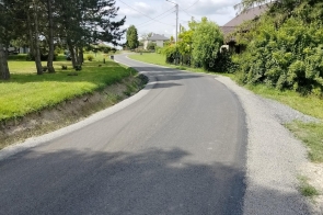 Wyasfaltowana droga biegnie między ogrodzeniami posesji z zielenią i krzewami. W tle widać domy jednorodzinne, a nad nimi niebo z białymi chmurami.