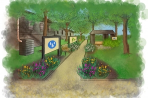 Ilustracja ogrodu edukacyjnego z alejką wśród drzew, rabatami krokusów i tablicami z symbolami wody oraz recyklingu. Po lewej przy budynku stoi zbiornik na deszczówkę, dalej ławki; po prawej altana z ławką otoczona zielenią.