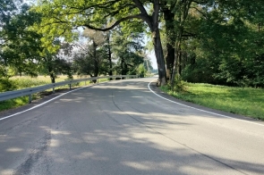 Asfaltowa droga z białymi liniami krawędziowymi, otoczona drzewami i trawą. Po lewej stronie znajduje się metalowa barierka ochronna. W tle widoczna jest dalsza część jezdni i zieleń.