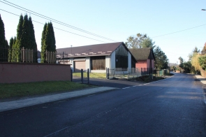 Ulica biegnie prosto w dół, po lewej stronie ciągnie się mur z wysokimi tujami, a po prawej stoją dwa niewielkie budynki gospodarcze z ogrodzeniem. W oddali widać drzewa.