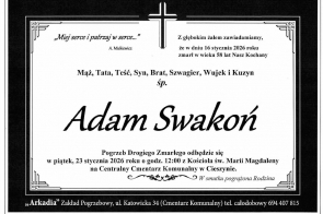 Klepsydra informujaca o pogrzebie z Kościoła pw. Marii Magdaleny w Cieszyniew dniu 23.01 o godz. 12.00