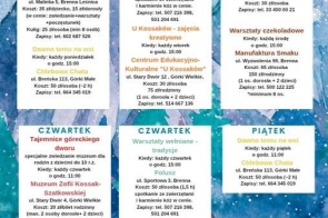 Niebieskie tło z motywem zimowym i drobnymi płatkami śniegu, z dużym nagłówkiem"Dotknij Tradycji" oraz dopiskiem "Ferie w Brennej" i "warsztaty w Gminie Brenna". Poniżej układ kilku jasnych kolumn z rozpisanymi dniami tygodnia od poniedziałku do piątku, zawierających tytuły zajęć, godziny, miejsca, koszty i numery kontaktowe. Na dole widoczne są logotypy organizatorów.