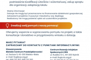 Na jasnym tle widoczne są logotypy programu oraz informacje o możliwości uzyskania dotacji na działania dla lokalnej społeczności i rozwój organizacji. Podano także zasady przyznawania środków, dane kontaktowe punktów informacyjnych oraz adres strony internetowej projektu i kod QR.