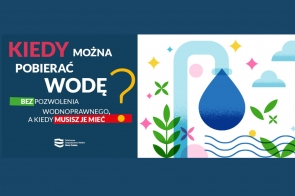 Po lewej stronie znajduje się duży napis „Kiedy można pobierać wodę?”, a po prawej ilustracja kranu, kropli wody, fal i zielonych roślin.