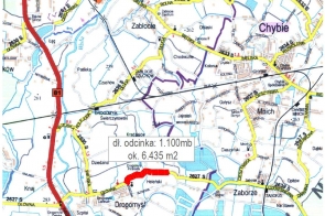 Mapa Drogomyśla z zaznaczonym na czerwono odcinkiem ul. Głównej (DP 2627 S), na którym w dniach 13–14 października 2025 r. planowany jest remont nawierzchni bitumicznej i czasowe zamknięcie drogi.