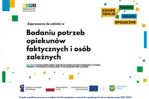 Białe tło z kolorowymi kwadracikami w odcieniach żółci, zieleni i niebieskiego. Na środku znajduje się tekst zapraszający do udziału w badaniu, a na dole widoczne są logotypy instytucji oraz informacja o współfinansowaniu projektu ze środków Unii Europejskiej.