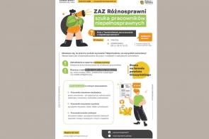 Grafika zawiera informacje o poszukiwaniu pracowników z niepełnosprawnościami, dane kontaktowe, oferowane stanowiska oraz ilustracje postaci z megafonem i dokumentem CV.
