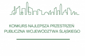 Zielony kontur panoramy miasta w górnej części grafiki tworzy wizualny nagłówek dla tekstu promującego konkurs „Najlepsza Przestrzeń Publiczna Województwa Śląskiego”; całość na białym tle zapewnia wysoki kontrast i czytelność.