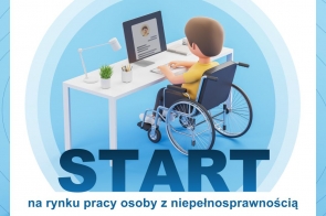 Grafika przedstawia osobę na wózku inwalidzkim pracującą przy komputerze. Nad nią logo „praca.pl”. Na dole tekst: „START na rynku pracy osoby z niepełnosprawnością – co było dla Ciebie najtrudniejsze? Konkurs”.