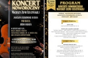 Grafika składa się z dwóch części. Po lewej stronie widnieje czarny plakat z elementami złotego brokatu, na którym wyróżnia się duży napis „Koncert Noworoczny” oraz szczegóły wydarzenia, takie jak data, miejsce, repertuar i informacje o wykonawcach. Obok widnieje program koncertu podzielony na części, napisany na jasnym tle ze złotymi akcentami, zawierający nazwiska wykonawców, tytuły utworów oraz ich czas trwania. Dominują eleganckie, złote i czarne elementy podkreślające prestiż wydarzenia.