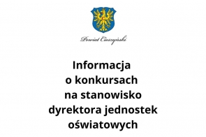Biała kartka zawiera herb powiatu w górnej części, z niebieskim tłem i złotym lwem. Poniżej widoczny jest duży, czarny tekst: „Informacja o konkursach na stanowisko dyrektora jednostek oświatowych”. Układ jest prosty i formalny, zapewniając dobrą czytelność.