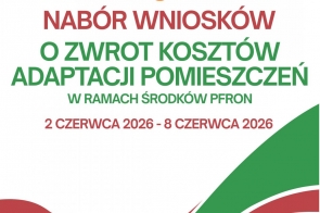 Grafika informacyjna na białym tle zawiera komunikat o naborze wniosków. W centralnej części umieszczono duży napis w kolorach czerwonym i zielonym oraz termin składania wniosków. U góry znajduje się żółta ikona dzwonka.