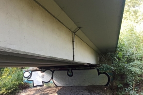 Na zdjęciu widać most z widokiem od dołu. Konstrukcja mostu składa się z dużych, betonowych elementów. Na ścianach mostu widoczne są różne rysunki i graffiti. Wokół mostu rosną krzewy i drzewa, tworząc zarośla. W tle widać trochę światła słonecznego, które oświetla roślinność.