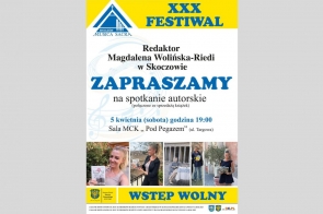 Plakat zapowiada spotkanie autorskie z redaktor Magdaleną Wolińską-Riedi w ramach XXX Festiwalu Musica Sacra w Skoczowie. Wydarzenie odbędzie się 5 kwietnia o godz. 19:00 w sali MCK „Pod Pegazem”. Wstęp wolny.
