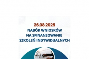 Grafika informacyjna ogłasza, że 25.08.2025 rusza nabór wniosków na sfinansowanie szkoleń indywidualnych. Na dole widnieją loga Urzędu Pracy oraz Centrum Aktywizacji Zawodowej.