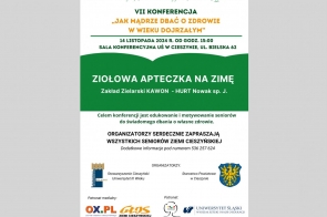 Grafika przedstawia informację o wykładzie na temat ziół, który odbędzie się 14 listopada o godzinie 15.00 w sali konferencyjnej Uniwersytetu Śląskiego w Cieszynie przy ul. Bielskiej 62. Współorganizatorem jest Uniwersytet Trzeciego wieku z Cieszyna i Starostwo Powiatowe w Cieszynie.