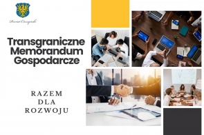 Grafika składa się z kolażu kilku zdjęć, które znajdują się po prawej stronie.Przedstawiają grupę współpracujących osób oraz dwie osoby podające sobie dłonie.Po lewej stronie czarny tekst na białym tle oraz herb Powiatu Cieszyńskiego.