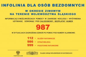 plakat informacyjny o pomocy dla bezdomnych w zimie. Informację o pomocy w zakresie noclegu, wyżywienia osoba bezdomna uzyska dzwoniąc na bezpłatny, całodobowy numer 987. W sytuacji zagrożenia zdrowiu lub życia należy dzwonić na 112, 986 straż miejska lub 999 pogotowie ratunkowe.
