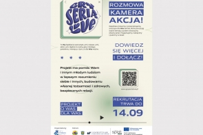 Plakat informuje o projekcie "Gry Serialove". Zawiera hasła: "Rozmowa, kamera, akcja!", "Dowiedz się więcej i dołącz!". Projekt skierowany do młodych ludzi, ma na celu pomóc w zrozumieniu siebie, budowaniu tożsamości i zdrowych relacji. Rekrutacja trwa do 14.09. Na dole znajdują się logotypy organizatorów oraz kod QR przekierowujący na stronę projektu.