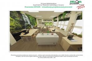 Jasne wnętrze nowoczesnej pracowni biologicznej. Na ścianie duża fototapeta z wodospadem otoczonym zielenią. Pod oknami rzędy doniczek z roślinami. W centralnej części sali stoły i krzesła ustawione w grupach. Na biurkach laptopy i przybory naukowe.