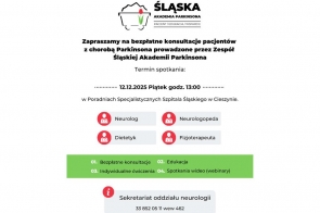 Graficzny kontur Śląska, w którego wnętrzu umieszczono czerwony tulipan. Poniżej znajduje się nazwa „Śląska Akademia Parkinsona” oraz krótki opis dotyczący bezpłatnych konsultacji dla pacjentów z chorobą Parkinsona, wraz z terminem, miejscem spotkania i listą specjalistów dostępnych podczas wydarzenia.