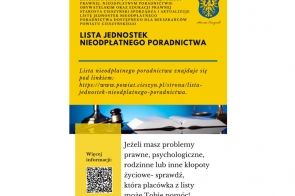 Informacja o bezpłatnym poradnictwie w Powiecie Cieszyńskim. Zawiera link do listy placówek, kod QR i zachętę do skorzystania z pomocy w przypadku problemów prawnych, psychologicznych, rodzinnych lub innych trudności życiowych.