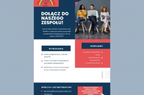 Na jasnym tle widoczna jest granatowo-czerwona plansza z napisem „Dołącz do naszego zespołu”. Zawiera informacje o poszukiwaniu nauczycieli do liceum dla uczniów z autyzmem przy ZPSWR w Cieszynie na rok szkolny 2026/2027 oraz dane kontaktowe do przesłania CV.