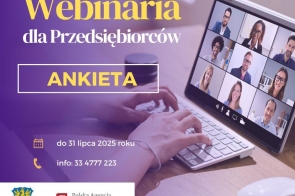 Grafika przedstawiająca dłonie na klawiaturze netbooka.Tekst infomruje o ankecie dotyczącej webinariów dla przedsiębiorców. 