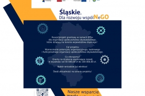 Ciemnogranatowe tło z żółto-pomarańczowymi i niebieskimi elementami. U góry logotypy oraz napis „Śląskie. Dla rozwoju wspólNeGO”. Na środku informacja o starcie projektu grantowego EFS+ dla organizacji społeczeństwa obywatelskiego z województwa śląskiego, celu wzmocnienia ich potencjału oraz o grantach od 50 000 do 100 000 zł i planowanym naborze wniosków. Na dole hasło „Nasze wsparcie. TWÓJ potencjał!” oraz kod QR.
